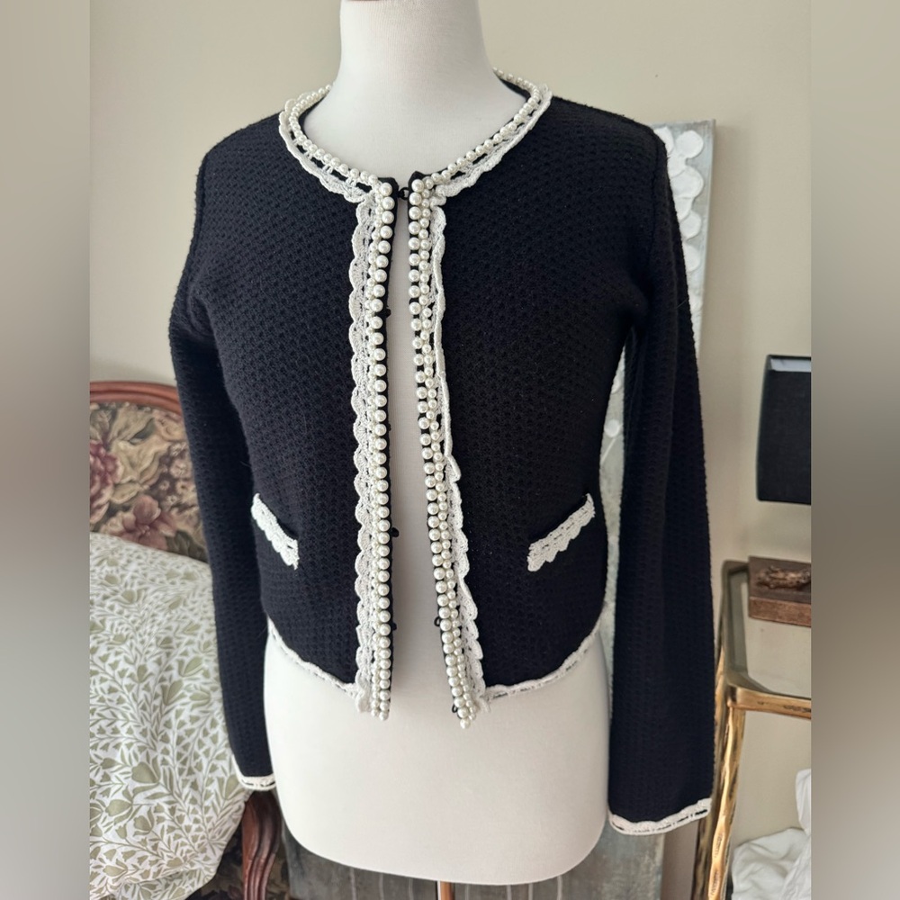 McGinn Medium Black Cardigan with White pearl Trim, lady jacket sweater